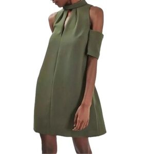 TOPSHOP Dark Green Keyhole Cold Shoulder A Line Dress Size 6
